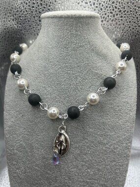 Handmade Hidden Flower Wood and Glass Pearl Necklace